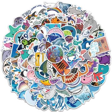 Ocean Sea Life Cartoon Stickers with Coral & Jellyfish