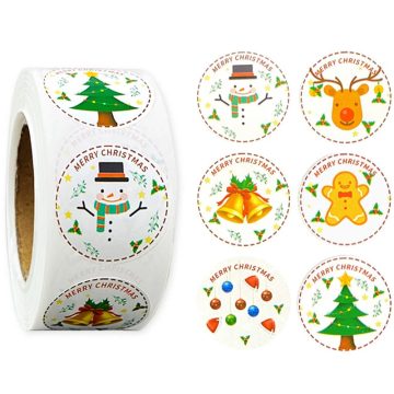 Christmas Stickers Roll with Tree Gingerbread Reindeer Designs