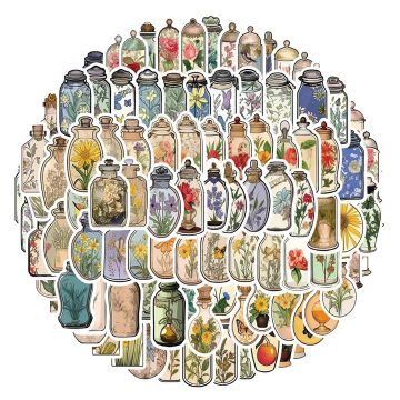 Vintage Flower Bottle Cartoon Stickers - for Laptop Phone Scrapbook Diary Decoration
