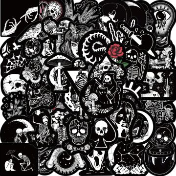 Gothic Black and White Skull Stickers - Waterproof PVC Graffiti Decals
