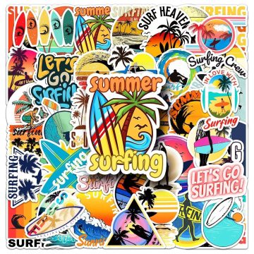Summer Beach Surfing Waterproof Stickers for Water Bottle