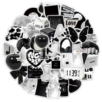 Aesthetic Black White Stickers - Simple Decals for Scrapbook Laptop Fridge