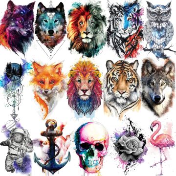 Watercolor Animal Temporary Tattoos Waterproof 3D Lion, Tiger, Wolf Designs