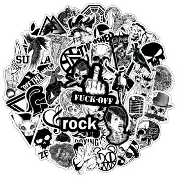 Black White Skull Rock Graffiti Stickers - Hip Hop Cartoon Decals