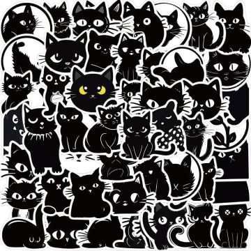 Black Cartoon Cat Stickers - Kids Waterproof Decals for Fridge Skateboard