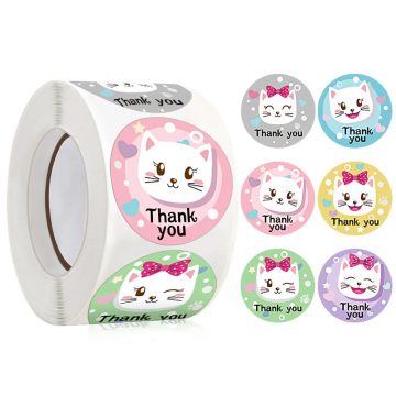 Cute Cat Decor Circle Thank You Sticker Roll Seal Label Gift Box Bakery Envelope Handbag