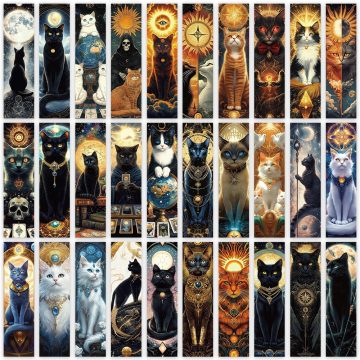 Mysterious Cat and Tarot Bookmark Set Retro Aesthetic Design