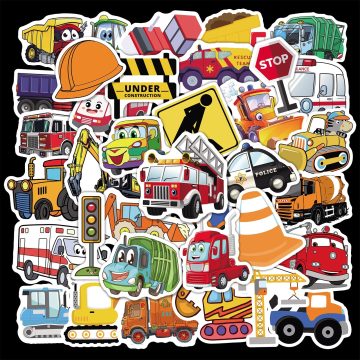 Cartoon Construction Car Stickers for Helmet, Wall, DIY Decoration