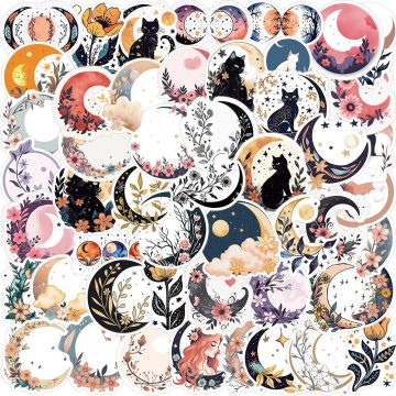 Moon Flowers Cat Art Sticker - Aesthetic Waterproof Graffiti Decal for Travel Laptop