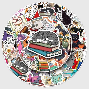 Cat Reading Cartoon Waterproof Vinyl Stickers for Skateboard and Snowboard