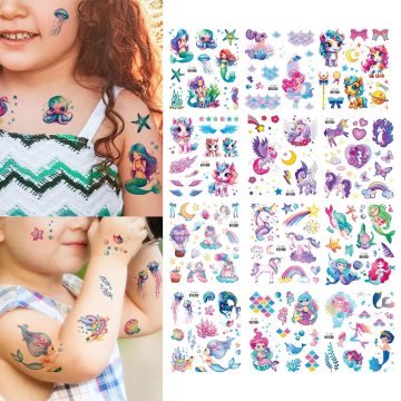 Kids Temporary Tattoos Unicorn and Mermaid Glitter Waterproof Body Stickers