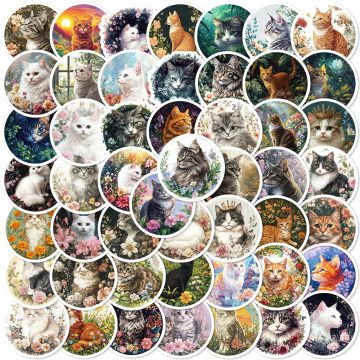 Retro Hand Painted Cat Animal Flower Stickers