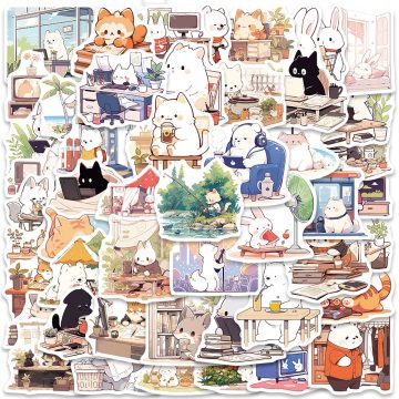 Cute Cartoon Daily Life Animal Stickers Vinyl for Laptop, Luggage, Skateboard, Guitar, Phone, Waterproof Graffiti