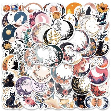 Moon Flower Black Cat Aesthetic Stickers for Skateboard Guitar Suitcase