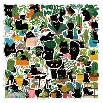 Plants & Cat Cartoon Stickers - Kawaii Graffiti Decals for Skateboard & Phone