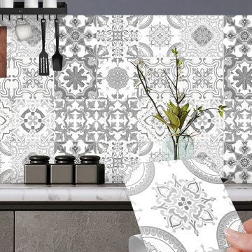 Gray Moroccan Tile Wall Stickers Waterproof Peel and Stick Art for Kitchen or Bathroom