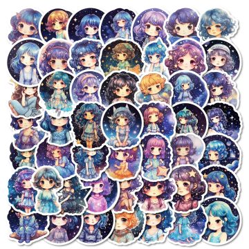 Cartoon Starry Night Girl Stickers for Helmet, Wall, DIY Decor