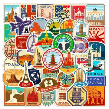 Retro World Travel Landmark Suitcase Stamp Stickers