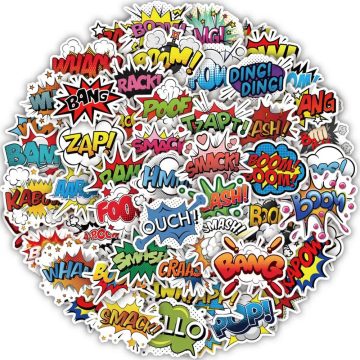 Cartoon Oops OMG Bam Pow Wow Boom Bang Explosion Cloud Style Anime Slogan Stickers for Phone, Laptop, Luggage, Skateboard