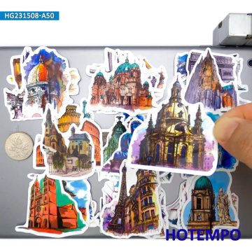 World Travel Hand-Drawn Urban Landmark Old Building Stickers for Car, Motorcycle, Luggage, Phone, Laptop