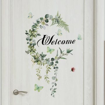 Green Welcome Door Stickers Butterfly and Vine Vinyl Bathroom Decor