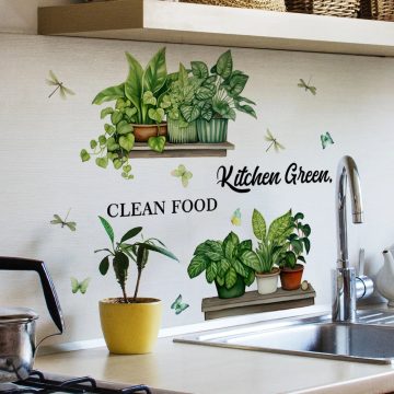 Green Plant Wall Stickers Potted Plant Decor for Kitchen and Living Room