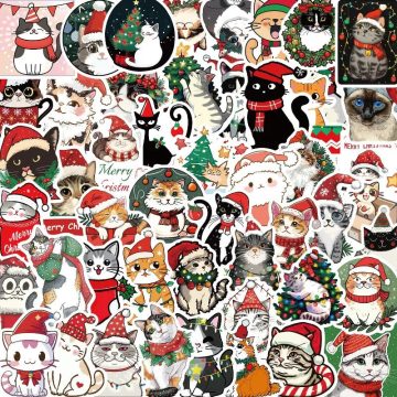 Christmas Cat Stickers for Laptop, Phone, Car, Scooter, Water Bottle, Suitcase, Stationery, and Refrigerator