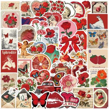 Aesthetic Red Flower and Rose Stickers Waterproof Vinyl Decals for Phone, Luggage, Scrapbooking