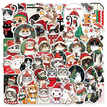 Christmas Cat Cartoon Stickers - Holiday Decals for Travel Scrapbook