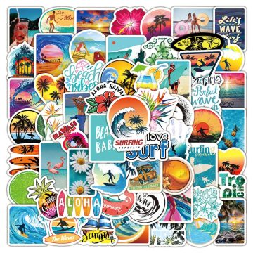 Hawaii Summer Surfing Stickers - Tropical Beach Decals for Travel Luggage, Surfboard