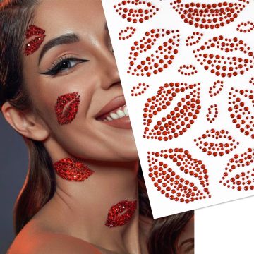 Red Lips Rhinestone Temporary Tattoo Stickers Waterproof Couple Body Art