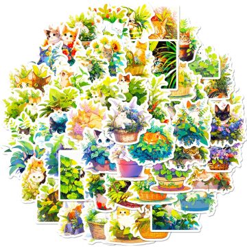 Plant Cat Cartoon Stickers - Cute Animals Decals for Notebook Helmet