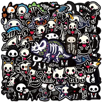 Skeleton Skull Cartoon Stickers Black and White Horror Theme for Water Bottle, Luggage, Laptop, Guitar