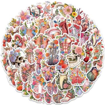 Colorful Cartoon Flowers, Skulls, and Human Organs Graffiti Stickers for Laptop, Phone, Guitar, and Luggage
