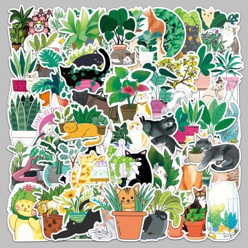 Cute Cat and Plant Cartoon Stickers for Helmet, Wall, DIY Decoration