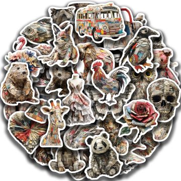 Newspaper Animal Sculpture Stickers Creative Waterproof Decals for Laptop, Skateboard