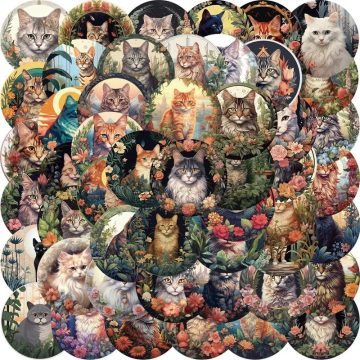 Kawaii Forest Cat PVC Stickers - Colorful DIY Decals for Scrapbooking
