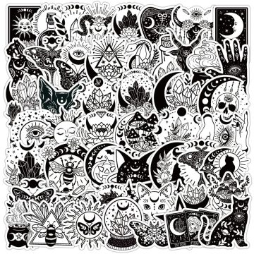 Gothic Witch Cartoon Stickers Black White Decor