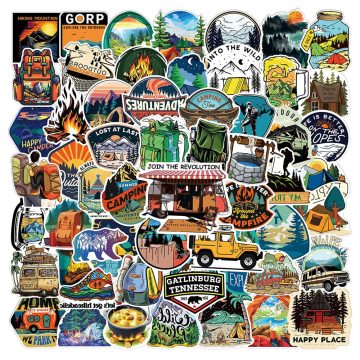 Forest Hiking Camping Stickers - Outdoor Travel Scenery Decal for Water Bottle, Laptop, Luggage