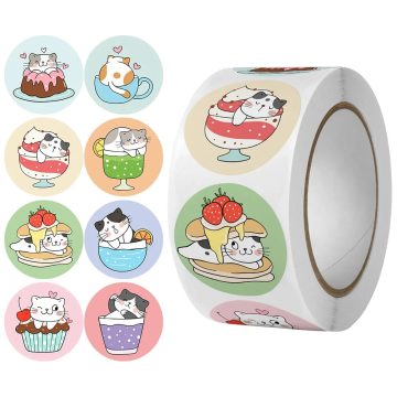 Round Cartoon Cat Labels - Kids Teacher Prize Gift Wraps Decorative