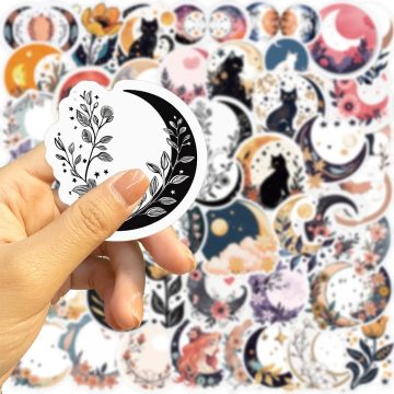 Boho Moon and Flower Stickers Black Cat, Car, Guitar, Motorcycle, Suitcase