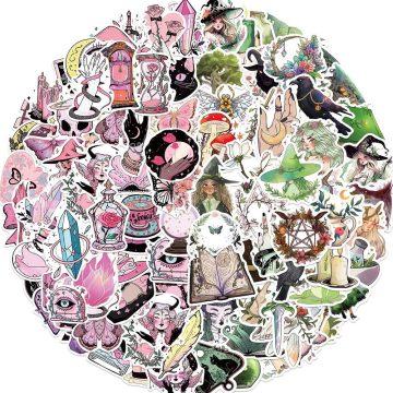 Cute Art Gothic Pink Green Magic Witch Aesthetic Stickers for Laptop, Phone, Suitcase