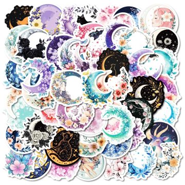 Moon Flower Cat Art Stickers - Cartoon Decals for Kids Stationery Fridge